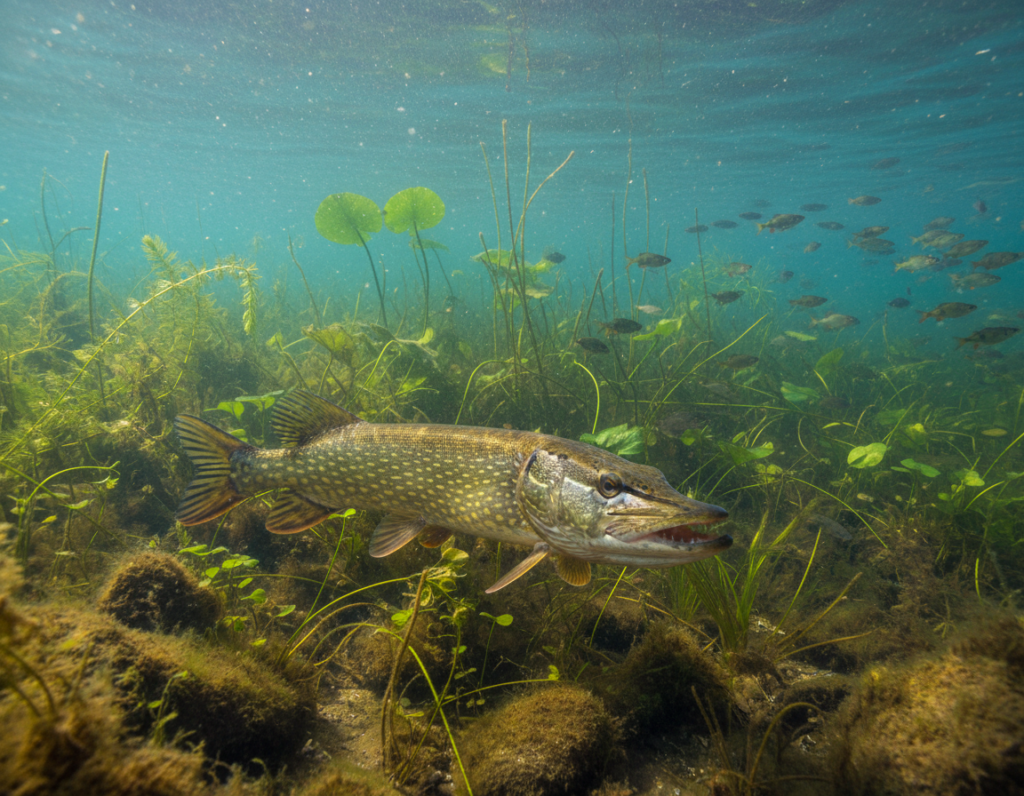 Pike Hunting Behavior in Lakes With Vegetation and Ambush Cover